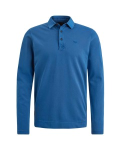 Long sleeve polo pique garment dye True Blue