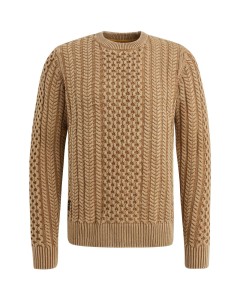 R-neck garment dye cable knit Buckthorne Brown