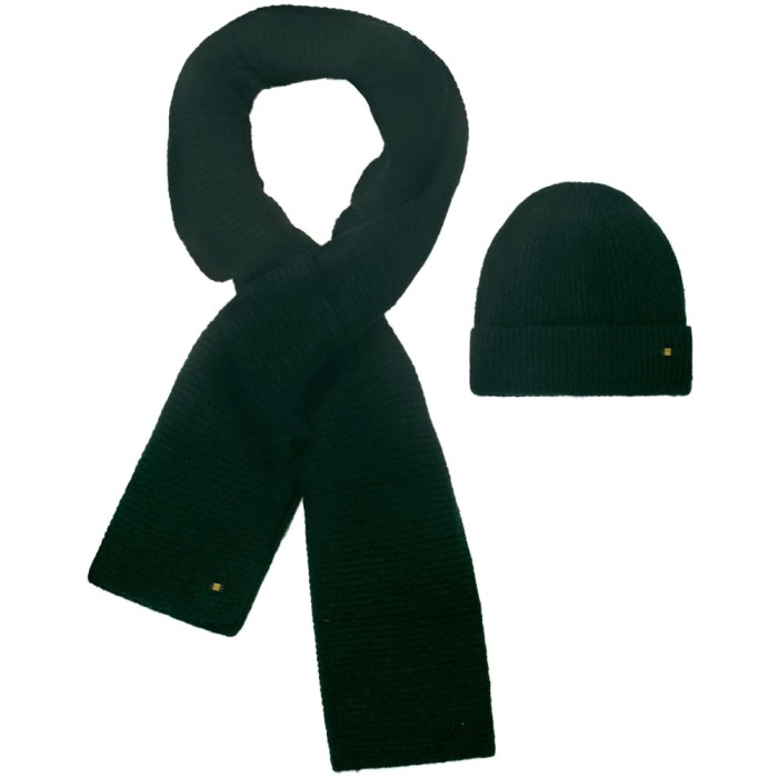 Beenie + Scarf Rib Knit Set Dark Green