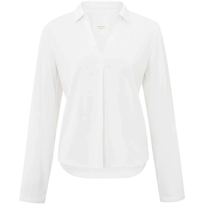 Jersey v-neck top with collar PURE WHITE